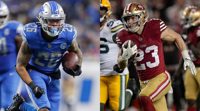 Lions running back Jahmyr Gibbs and 49ers running back Chistian McCaffrey